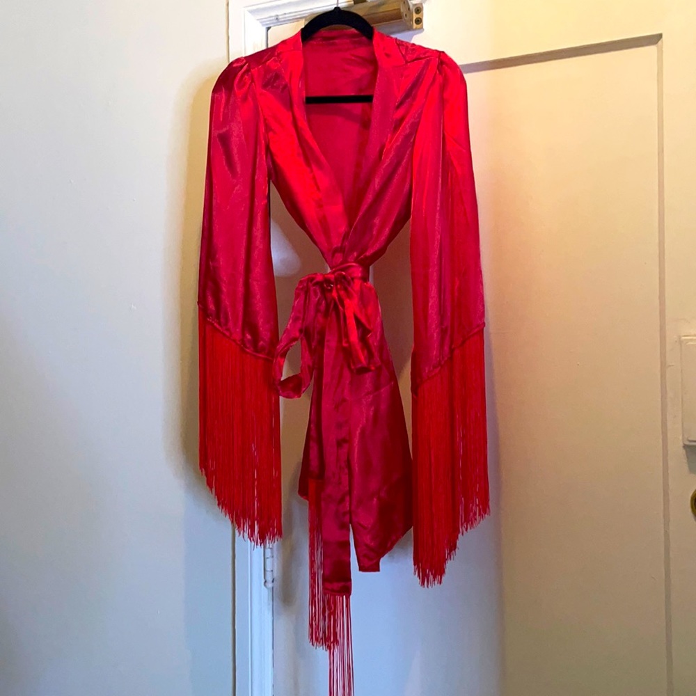 Satin red hot fringe burlesque robe vintage inspired